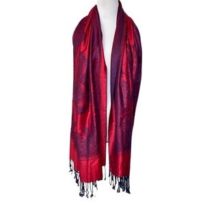 Blue Pacific Red and Blue Purple Pashmina Damask Fringe Scarf